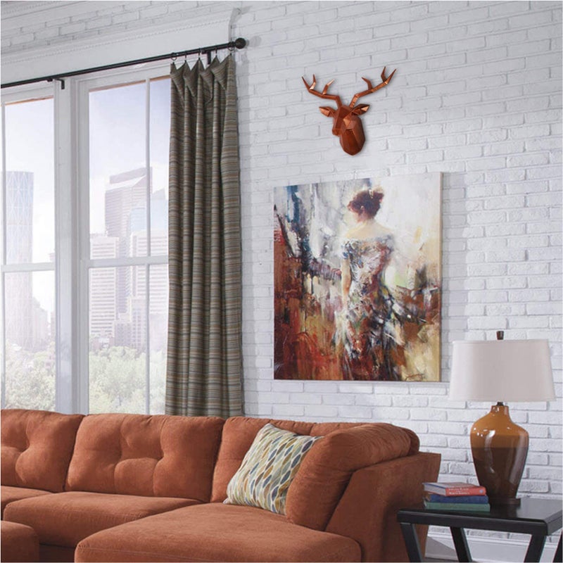 Keygift Deer Head Wall Decor Geometrical Antique Copper Deer Antler Wall Sculpture Faux Resin Animal Head Statue Wall Hanging Centerpiece Ready to Hang - 14x5.5x11 Inches - Image 2